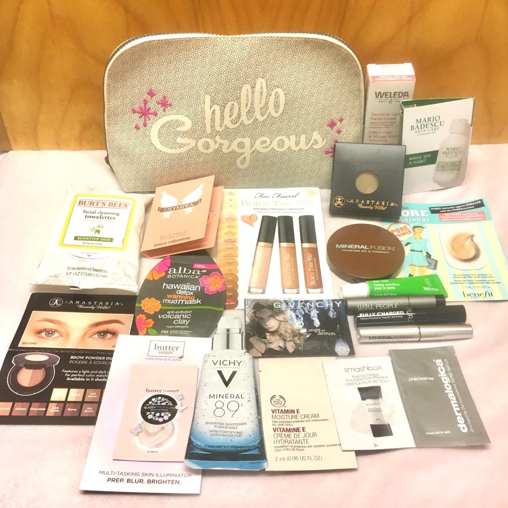 Makeup + skincare sample lot with Benefit bag